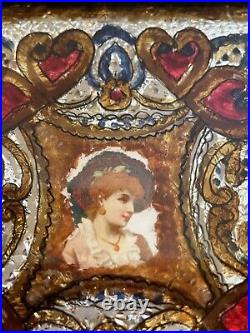 2 Antique Victorian Folk Art Tinsel Reverse Painting Hearts Women Wallpaper