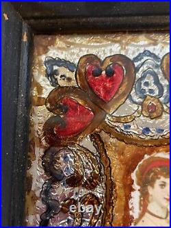 2 Antique Victorian Folk Art Tinsel Reverse Painting Hearts Women Wallpaper