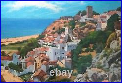 2 Original Vintage Oil Paintings/Seaside/Ocean Town/Folk Art/Spain/Italy/Houses