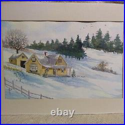 2 Paintings Antique American Farm cabin Folk Art Winter Landscape watercolor