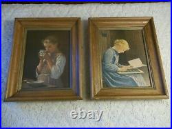2 Paintings by Albert Anker Swiss Social Life Home Lessons and Girl with Cup