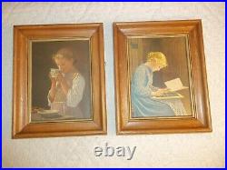 2 Paintings by Albert Anker Swiss Social Life Home Lessons and Girl with Cup