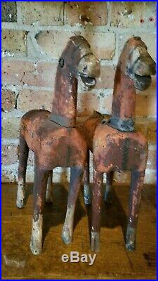 2 Vintage 19th Century 12 in. Wood Toy Horses Folk Art Original Paint Old Patina