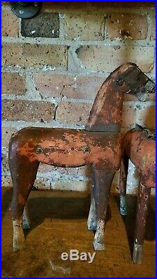 2 Vintage 19th Century 12 in. Wood Toy Horses Folk Art Original Paint Old Patina