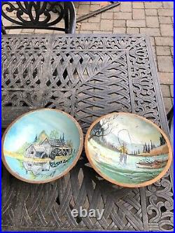 2 Vintage American Folk Art Oil Paintings On Wooden Bowl Signed New England