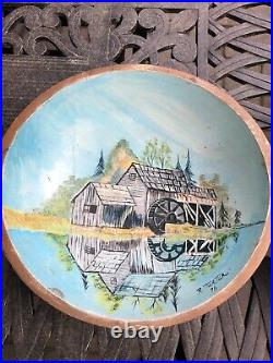 2 Vintage American Folk Art Oil Paintings On Wooden Bowl Signed New England