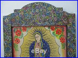 43 XL Hand painted wood retablo with Our Lady of Guadalupe, mexican folk art