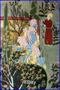 46 Antique Mughal Indian Painting Pigment Silk Traditional Folk Art Garden