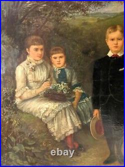 4 Children in Rural Landscape O/C American folk art painting 19th-20thc. Framed