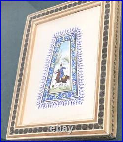 5 Antique Persian Bone Painting COLLECTION Marquetry Frame Polo Hunting Khatam