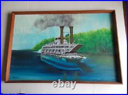 71 Vintage Proud Mary steamboat original oil painting folk art 37x25 signed