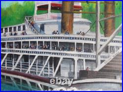 71 Vintage Proud Mary steamboat original oil painting folk art 37x25 signed