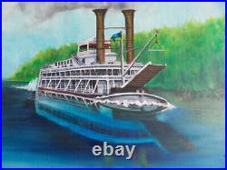 71 Vintage Proud Mary steamboat original oil painting folk art 37x25 signed