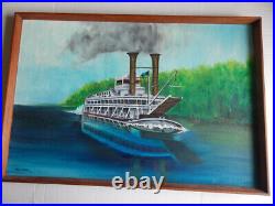 71 Vintage Proud Mary steamboat original oil painting folk art 37x25 signed