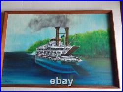 71 Vintage Proud Mary steamboat original oil painting folk art 37x25 signed