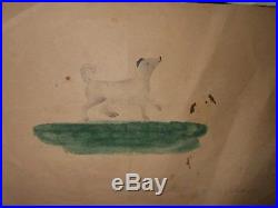 AAFA 1800s American Antique Folk Art Naive Fraktur Dog Watercolor 19th C