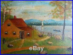 AAFA Antique Folk Art Naive Painting Board Moosehead Lake ME