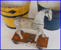 AAFA C. 1880s Tiny Antique Folk Art Painted Wooden Pull Toy Horse White
