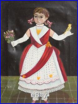 AGAPITO LABIOS-Mexican Folk Artist-Original Signed Oil-Girl with Canary & Flowers