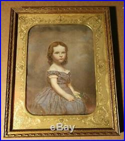 ANTIQUE 1830's AMERICAN FOLK ART GIRL WITH FLOWERS GOUACHE & WATERCOLOR PAINTING