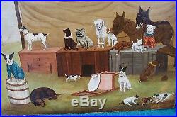 ANTIQUE 1893 SIGNED A-1 DOG CIRCUS ANIMALS FOLK ART DOGS OIL PAINTING 18x14 NR