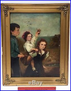ANTIQUE 19thC PRIMITIVE FOLK ART OIL PAINTING ON WOOD PANEL CHILDREN AT SEASHORE