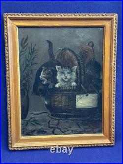 ANTIQUE 19th C AMERICAN SCHOOL FOLKART PAINTING CATS KITTENS IN BASKET FRAMED
