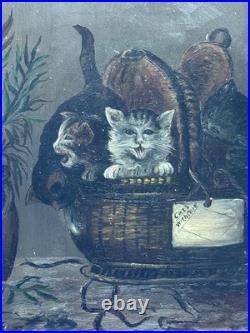 ANTIQUE 19th C AMERICAN SCHOOL FOLKART PAINTING CATS KITTENS IN BASKET FRAMED