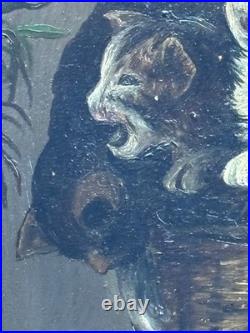 ANTIQUE 19th C AMERICAN SCHOOL FOLKART PAINTING CATS KITTENS IN BASKET FRAMED