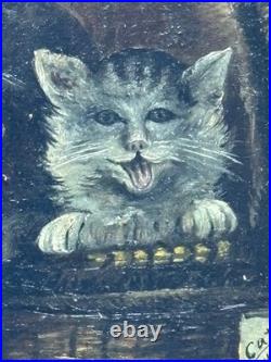 ANTIQUE 19th C AMERICAN SCHOOL FOLKART PAINTING CATS KITTENS IN BASKET FRAMED