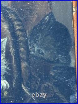 ANTIQUE 19th C AMERICAN SCHOOL FOLKART PAINTING CATS KITTENS IN BASKET FRAMED