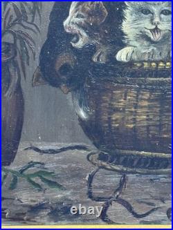 ANTIQUE 19th C AMERICAN SCHOOL FOLKART PAINTING CATS KITTENS IN BASKET FRAMED