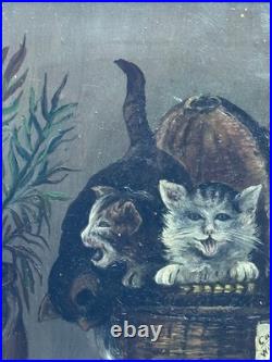 ANTIQUE 19th C AMERICAN SCHOOL FOLKART PAINTING CATS KITTENS IN BASKET FRAMED