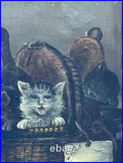 ANTIQUE 19th C AMERICAN SCHOOL FOLKART PAINTING CATS KITTENS IN BASKET FRAMED