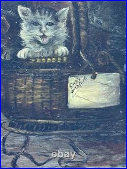 ANTIQUE 19th C AMERICAN SCHOOL FOLKART PAINTING CATS KITTENS IN BASKET FRAMED
