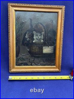 ANTIQUE 19th C AMERICAN SCHOOL FOLKART PAINTING CATS KITTENS IN BASKET FRAMED
