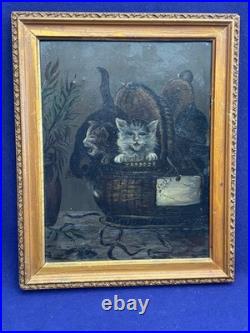 ANTIQUE 19th C AMERICAN SCHOOL FOLKART PAINTING CATS KITTENS IN BASKET FRAMED