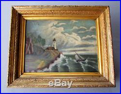 ANTIQUE 19th Century Seascape FOLK ART Oil Painting LIGHTHOUSE & SAILBOAT 1890