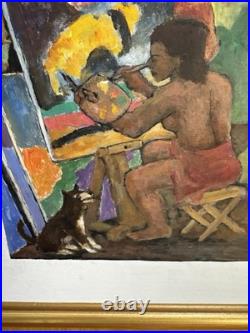 ANTIQUE CHARLES BURDICK ORIGINAL OIL PAINTING SELF PORTRAIT Nude Folk Mixed Art