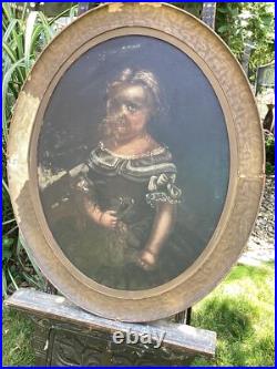 ANTIQUE FOLK ART PAINTING YOUNG GIRL With DOG FOR RESTORATION CORAL NECKLACE 33 T