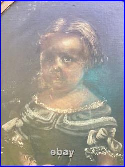 ANTIQUE FOLK ART PAINTING YOUNG GIRL With DOG FOR RESTORATION CORAL NECKLACE 33 T