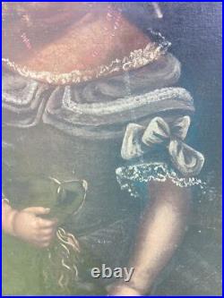 ANTIQUE FOLK ART PAINTING YOUNG GIRL With DOG FOR RESTORATION CORAL NECKLACE 33 T