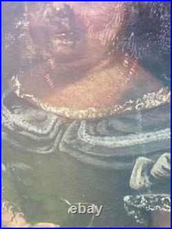 ANTIQUE FOLK ART PAINTING YOUNG GIRL With DOG FOR RESTORATION CORAL NECKLACE 33 T
