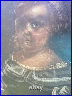 ANTIQUE FOLK ART PAINTING YOUNG GIRL With DOG FOR RESTORATION CORAL NECKLACE 33 T