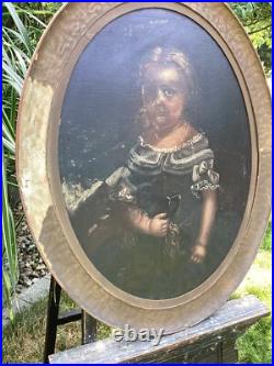 ANTIQUE FOLK ART PAINTING YOUNG GIRL With DOG FOR RESTORATION CORAL NECKLACE 33 T