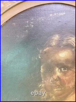ANTIQUE FOLK ART PAINTING YOUNG GIRL With DOG FOR RESTORATION CORAL NECKLACE 33 T