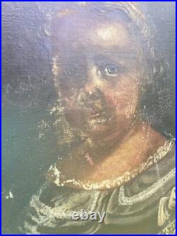 ANTIQUE FOLK ART PAINTING YOUNG GIRL With DOG FOR RESTORATION CORAL NECKLACE 33 T