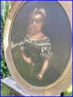 ANTIQUE FOLK ART PAINTING YOUNG GIRL With DOG FOR RESTORATION CORAL NECKLACE 33 T