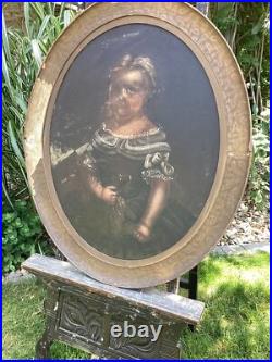 ANTIQUE FOLK ART PAINTING YOUNG GIRL With DOG FOR RESTORATION CORAL NECKLACE 33 T