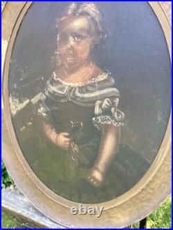ANTIQUE FOLK ART PAINTING YOUNG GIRL With DOG FOR RESTORATION CORAL NECKLACE 33 T